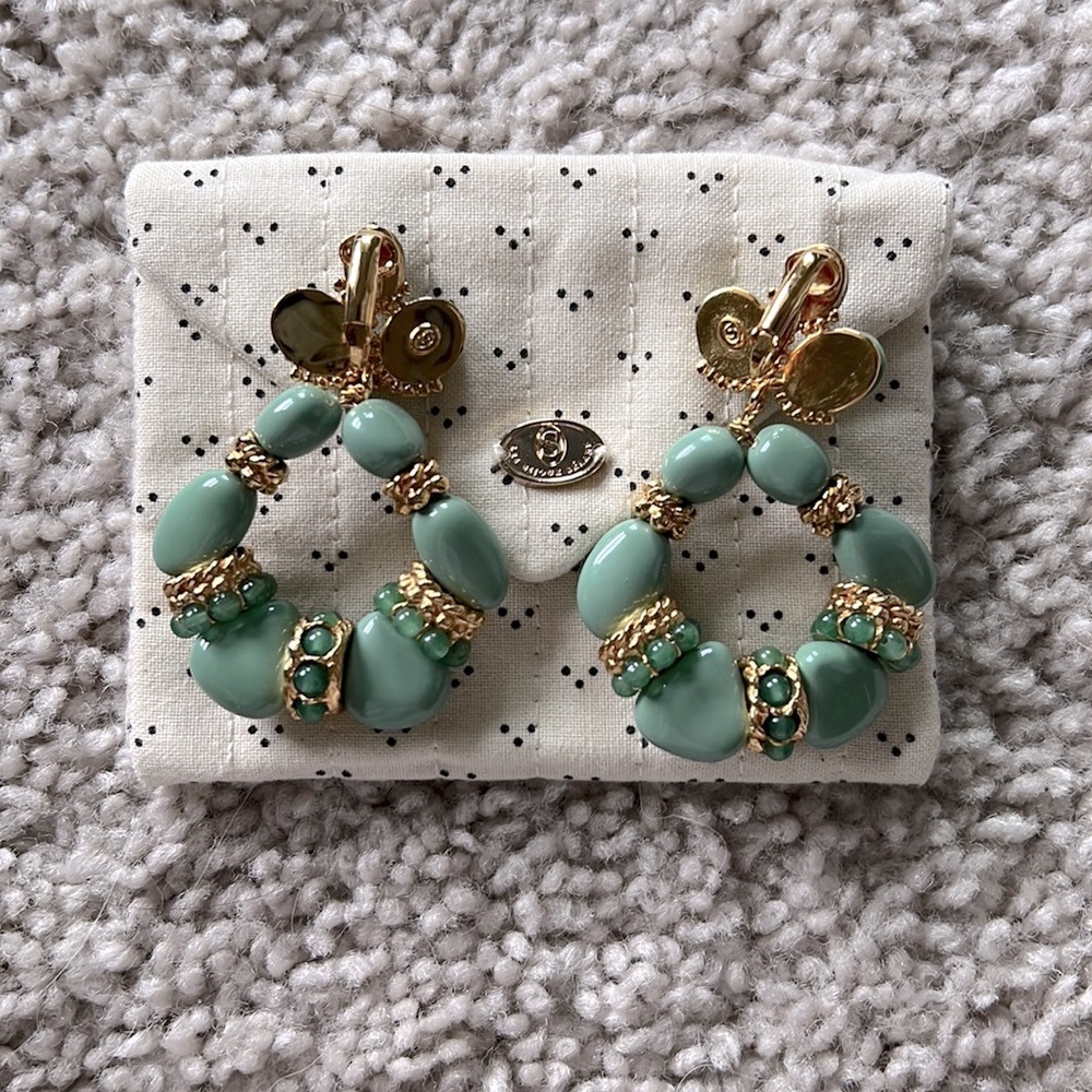 Sezane Green and Gold Beaded Hoop Drop Earrings - Picture 5 of 5